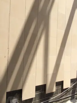 Aplacado vertical en tono arena. Paño de piezas verticales en tono arena en colocación sobre muro de bloque, cruzado por sombras de la estructura.