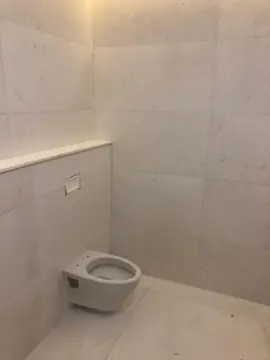 Cabina de inodoro con paredes aplacadas. Inodoro suspendido en una cabina con paredes y repisa aplacadas en piezas claras.