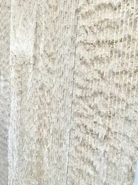Textura de la piedra labrada. Detalle del aplacado en piedra beige con cara labrada en estrías y juntas verticales entre piezas.