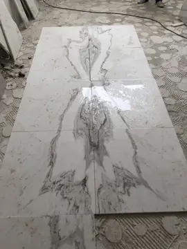 Veta casada en espejo sobre el suelo. Composición de piezas blancas con la veta gris casada en espejo y parte de la superficie mojada que resalta el veteado.