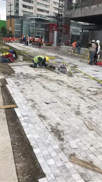 Colocación de adoquín gris en exterior. Operarios colocan adoquín gris en la urbanización exterior, junto a un tramo de losas grandes ya colocado.