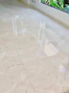 Pavimento pulido junto a un ventanal. Piezas en tono crema con veta y acabado brillante que reflejan el ventanal abierto a la vegetación.