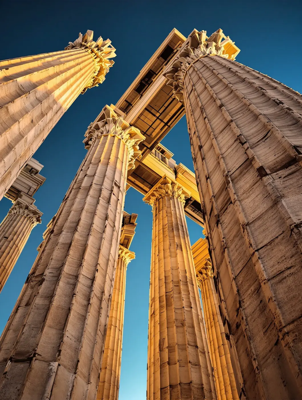 Columnas de mármol de un templo clásico a contrapicado
