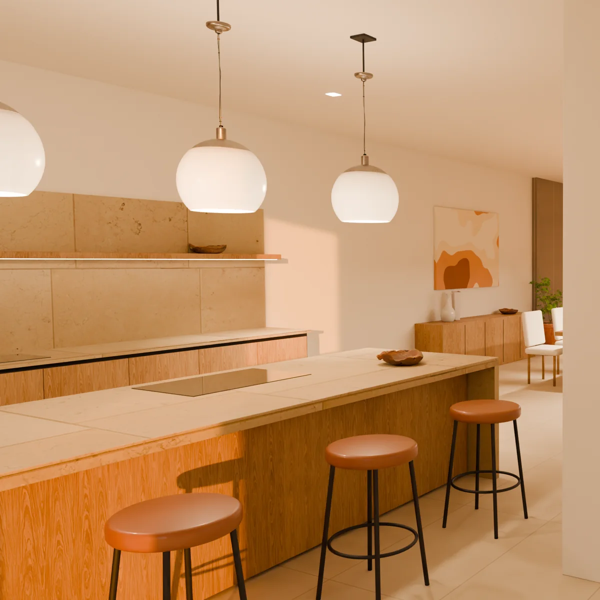 Recreación 3D del interior terminado: cocina con isla de madera, comedor y salón abiertos al jardín
